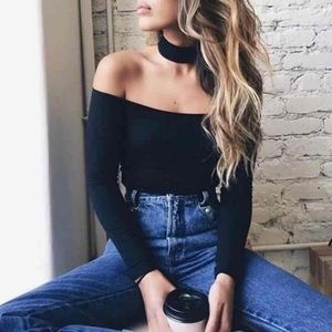 Stretchy Off The Shoulder Choker Neck Top